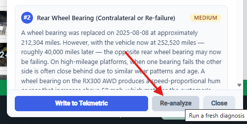 CoreDiag cached results with Re-analyze button