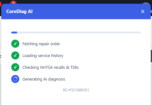 CoreDiag progress panel