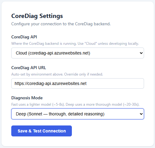 CoreDiag settings page